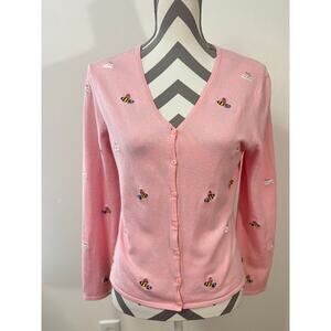 Vtg Etoile Pink Cardigan Sweater Medium M Easter Bunny Eggs Bees Embroidered